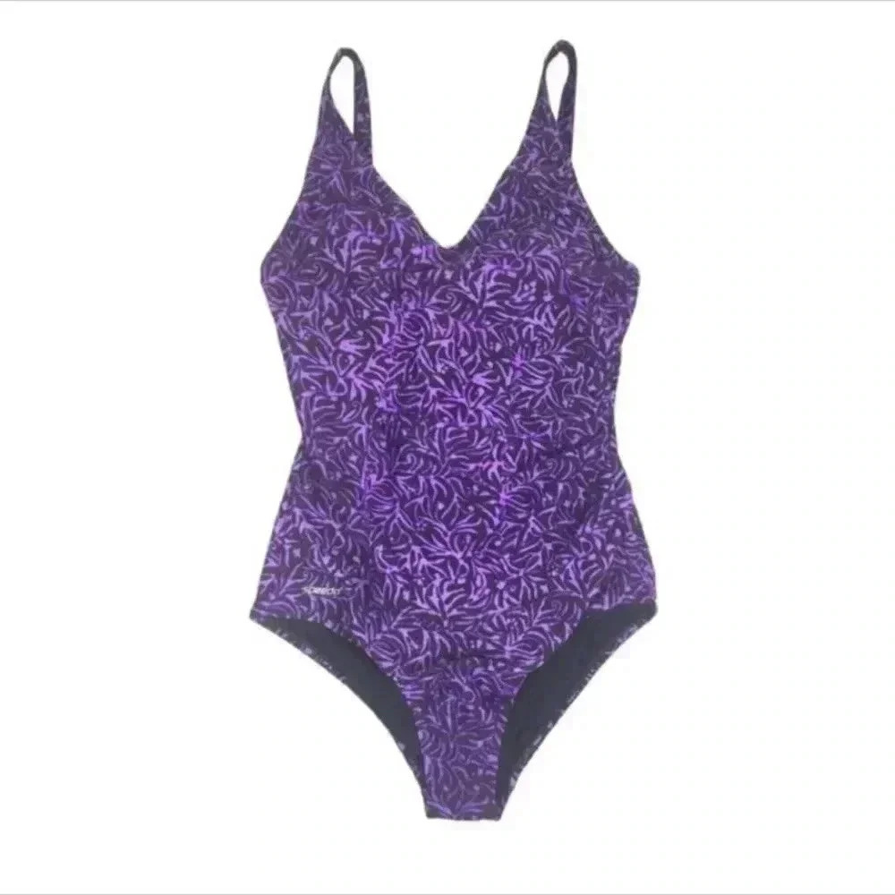 Speedo Womens Purple Black Pattern One Piece Swim Suit